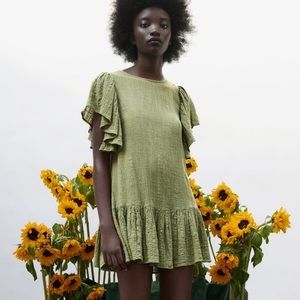 Zara ruffled mini dress in green size small NWT